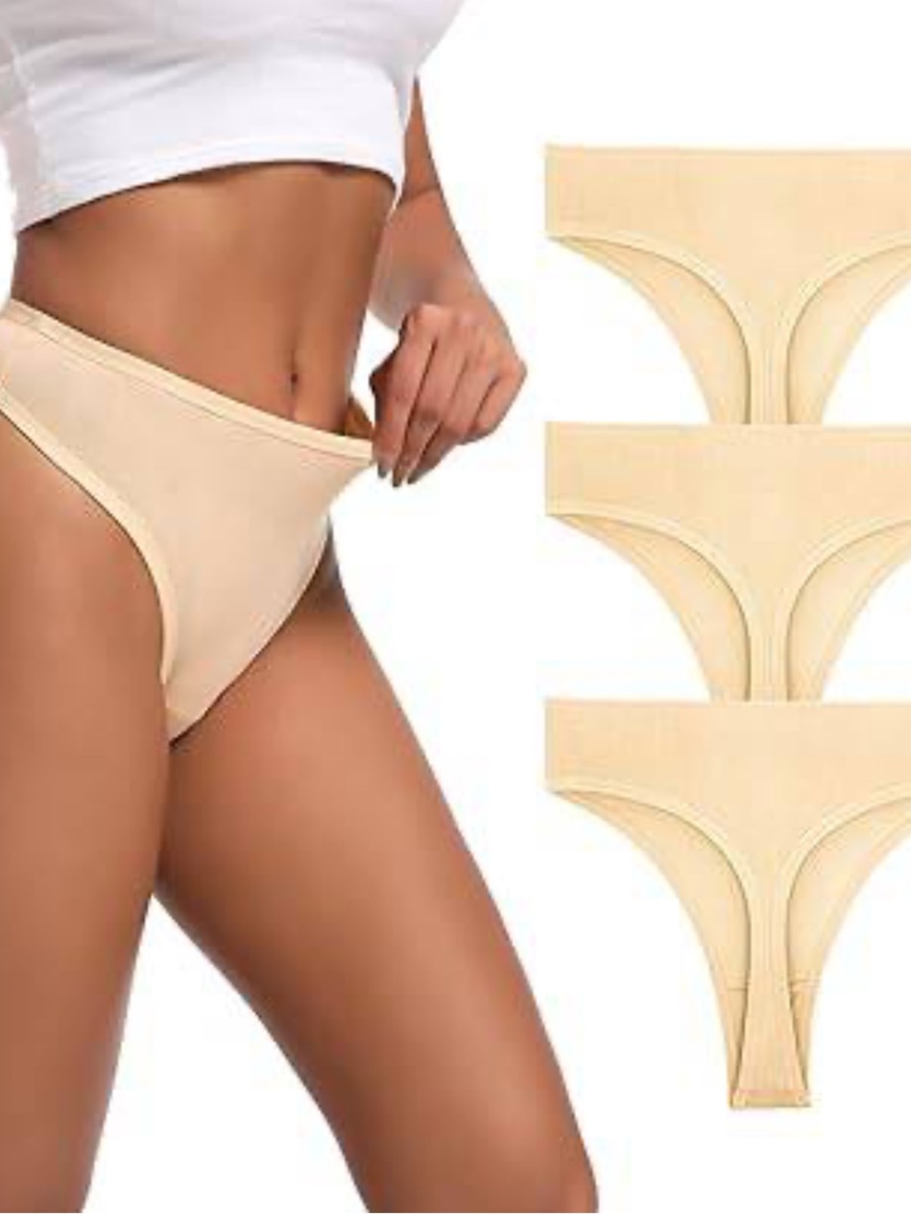 Women’s High Waisted Beige Thongs Panties 3-Pack NWT